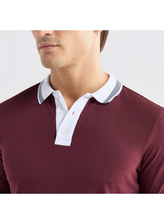 Colourblock Polo T-shirt with Short Sleeves and Button Closure