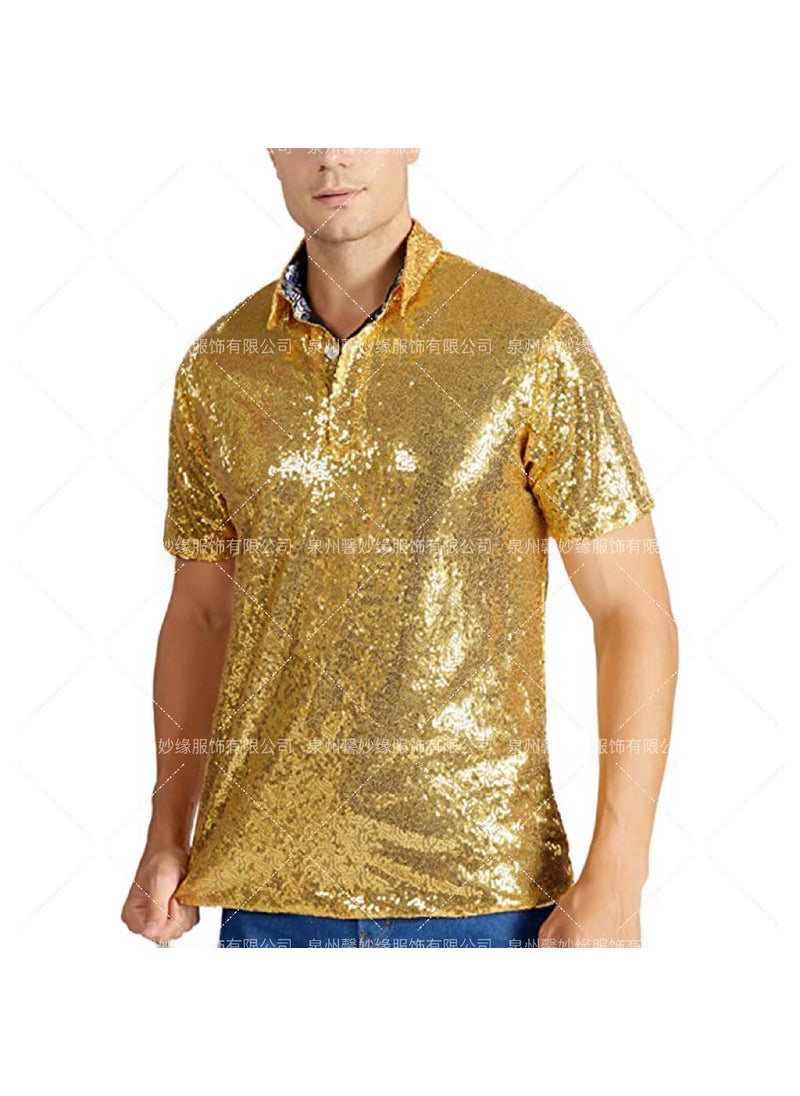 Cross Border Mens T-Shirt Retro Disco Polo Mens Shirt 70 s Carnival Costume Burning Man T-Shirt Gold