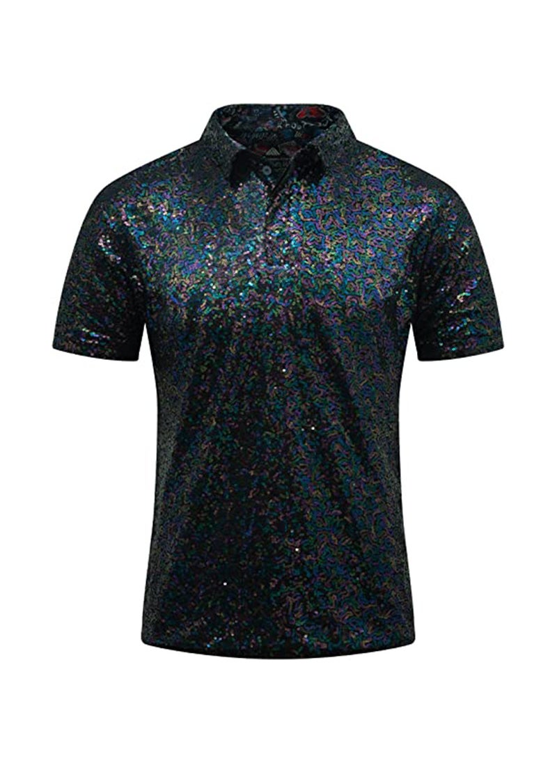 Cross Border Mens T-Shirt Retro Disco Polo Mens Shirt 70 s Carnival Costume Burning Man T-Shirt Silver