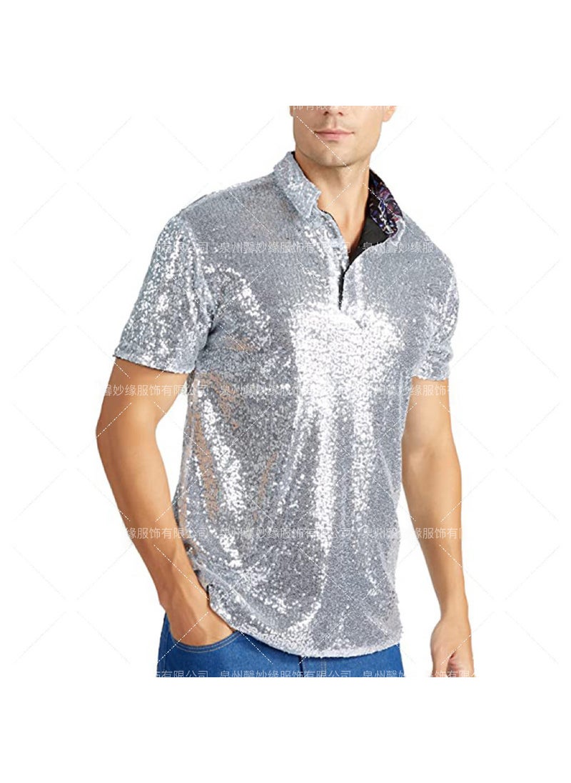 Cross Border Mens T-Shirt Retro Disco Polo Mens Shirt 70 s Carnival Costume Burning Man T-Shirt Silver