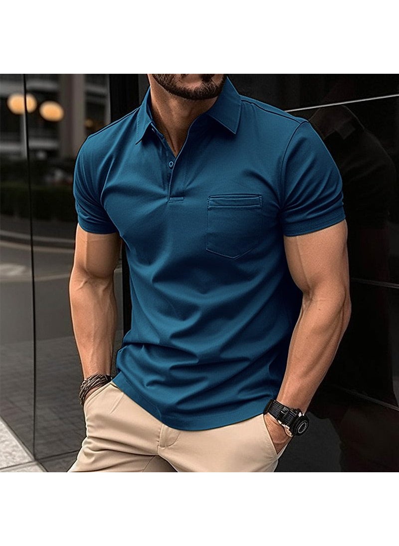 2023 Summer Mens POLO Shirt with Button Pocket Blue