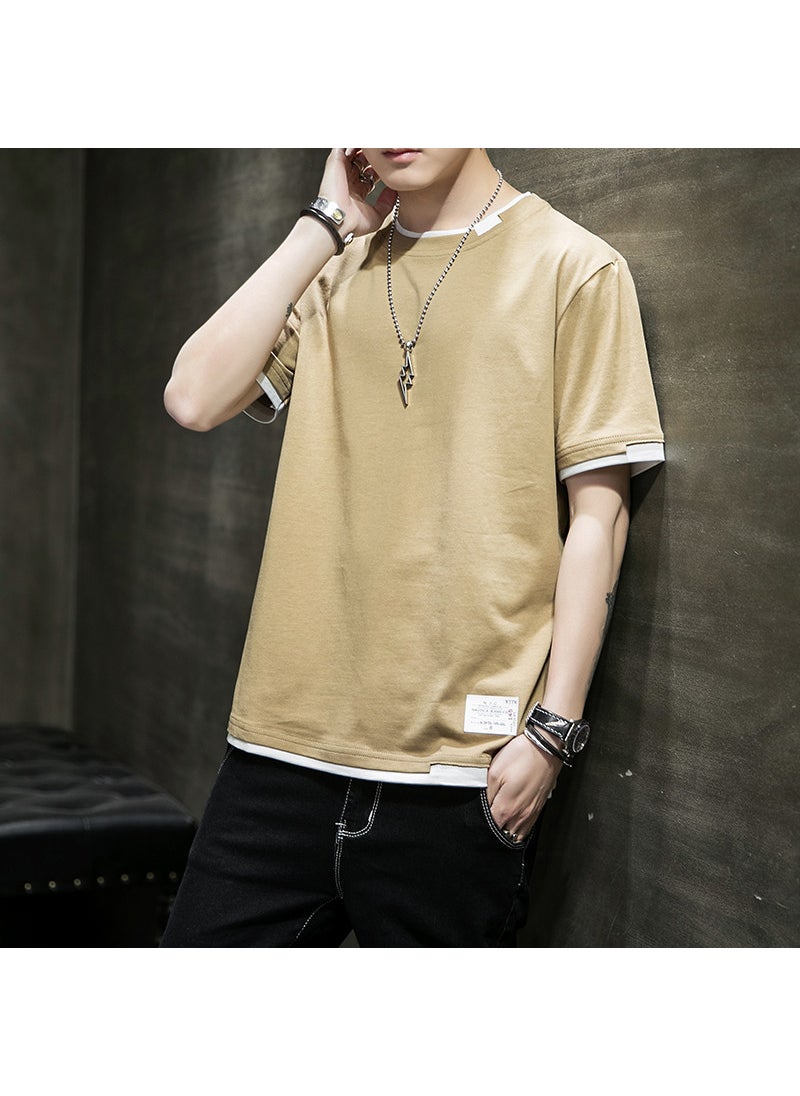 Short-sleeved T-shirt Mens Summer Pure Cotton New Fashion Brand T-shirt Loose Half-sleeved T-shirt Clothes Mens Round Neck Top for Men Khakis