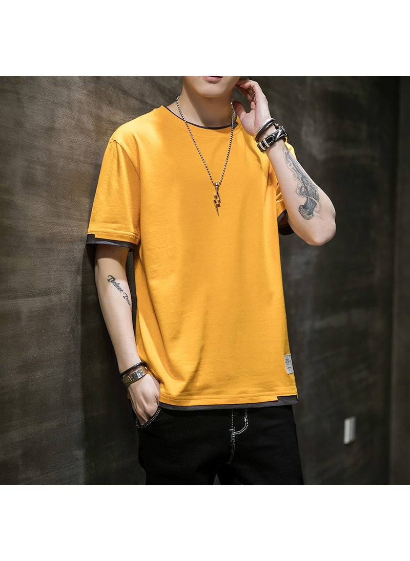 Short-sleeved T-shirt Mens Summer Pure Cotton New Fashion Brand T-shirt Loose Half-sleeved T-shirt Clothes Mens Round Neck Top for Men Yellow