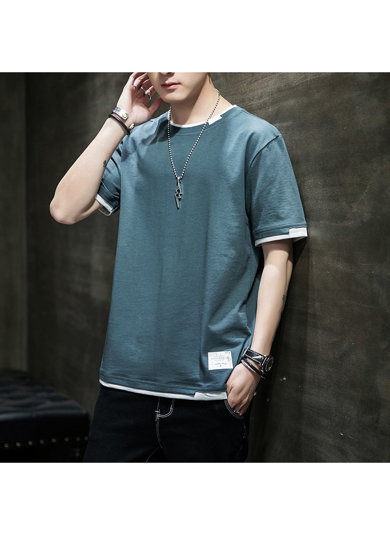 Short-sleeved T-shirt Mens Summer Pure Cotton New Fashion Brand T-shirt Loose Half-sleeved T-shirt Clothes Mens Round Neck Top for Men Haze Blue