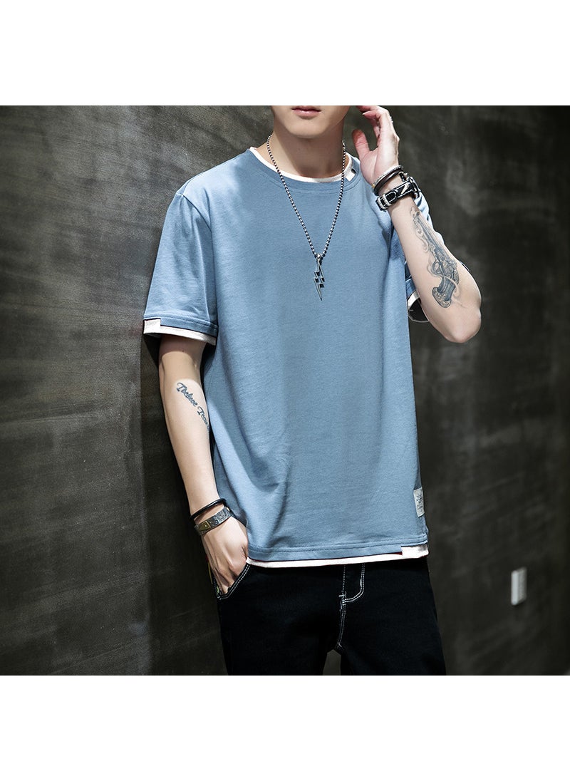 Short-sleeved T-shirt Mens Summer Pure Cotton New Fashion Brand T-shirt Loose Half-sleeved T-shirt Clothes Mens Round Neck Top for Men Haze Blue