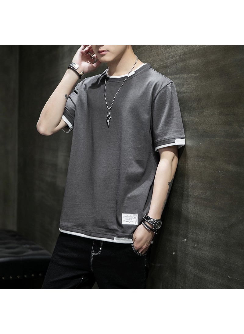 Short-sleeved T-shirt Mens Summer Pure Cotton New Fashion Brand T-shirt Loose Half-sleeved T-shirt Clothes Mens Round Neck Top for Men Dark gray