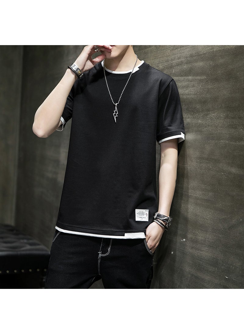 Short-sleeved T-shirt Mens Summer Pure Cotton New Fashion Brand T-shirt Loose Half-sleeved T-shirt Clothes Mens Round Neck Top for Men Black