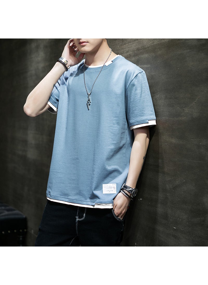 Short-sleeved T-shirt Mens Summer Pure Cotton New Fashion Brand T-shirt Loose Half-sleeved T-shirt Clothes Mens Round Neck Top for Men Denim Blue