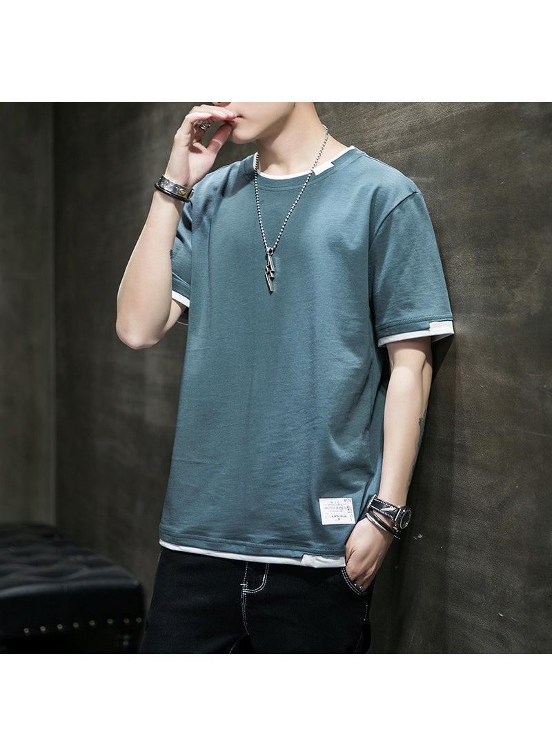 Short-sleeved T-shirt Mens Summer Pure Cotton New Fashion Brand T-shirt Loose Half-sleeved T-shirt Clothes Mens Round Neck Top for Men Denim Blue