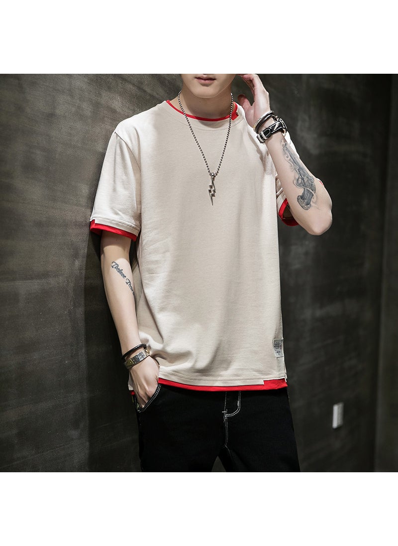 Short-sleeved T-shirt Mens Summer Pure Cotton New Fashion Brand T-shirt Loose Half-sleeved T-shirt Clothes Mens Round Neck Top for Men Apricot