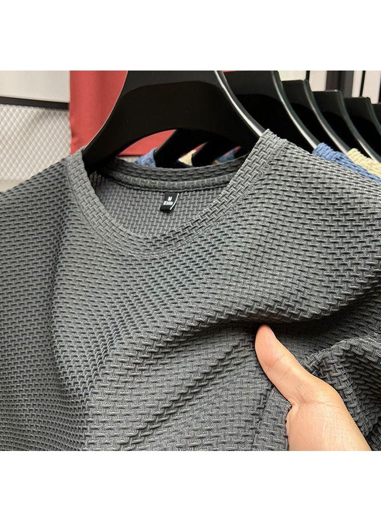 2023 New Stretch Slub Mesh Ice Silk T-shirt Mens Short-sleeved Round Neck Half-sleeved Mens Base Shirt Summer Mens T-shirt Blue