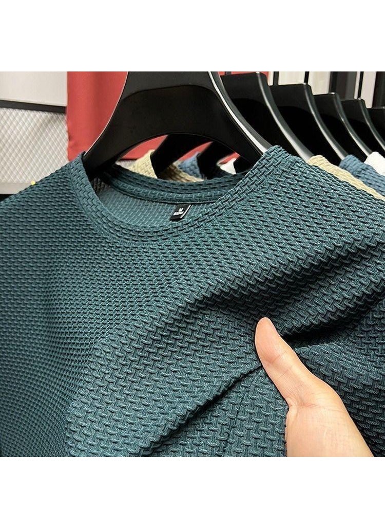 2023 New Stretch Slub Mesh Ice Silk T-shirt Mens Short-sleeved Round Neck Half-sleeved Mens Base Shirt Summer Mens T-shirt Blue