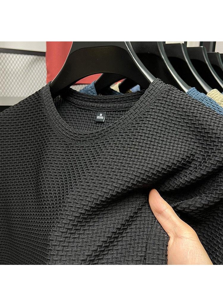 2023 New Stretch Slub Mesh Ice Silk T-shirt Mens Short-sleeved Round Neck Half-sleeved Mens Base Shirt Summer Mens T-shirt Blue