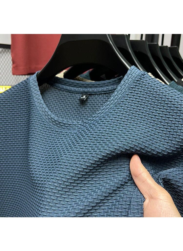 2023 New Stretch Slub Mesh Ice Silk T-shirt Mens Short-sleeved Round Neck Half-sleeved Mens Base Shirt Summer Mens T-shirt Blue