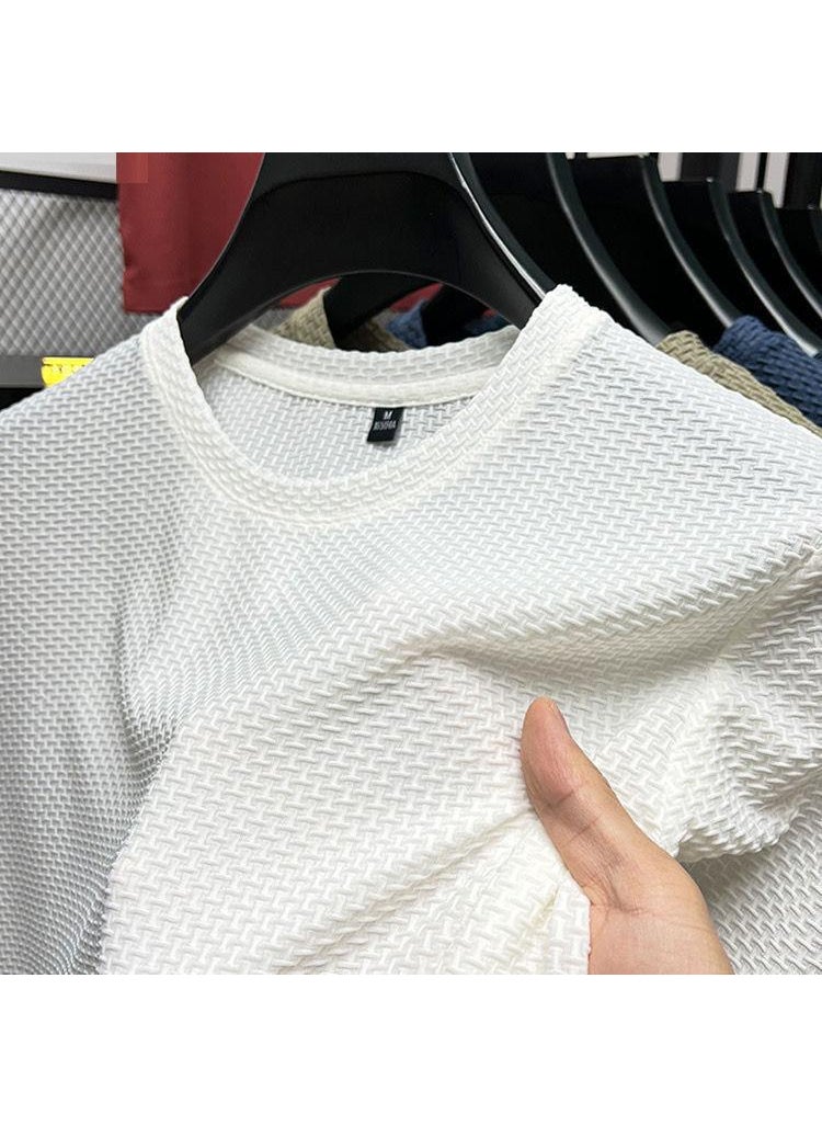 2023 New Stretch Slub Mesh Ice Silk T-shirt Mens Short-sleeved Round Neck Half-sleeved Mens Base Shirt Summer Mens T-shirt White