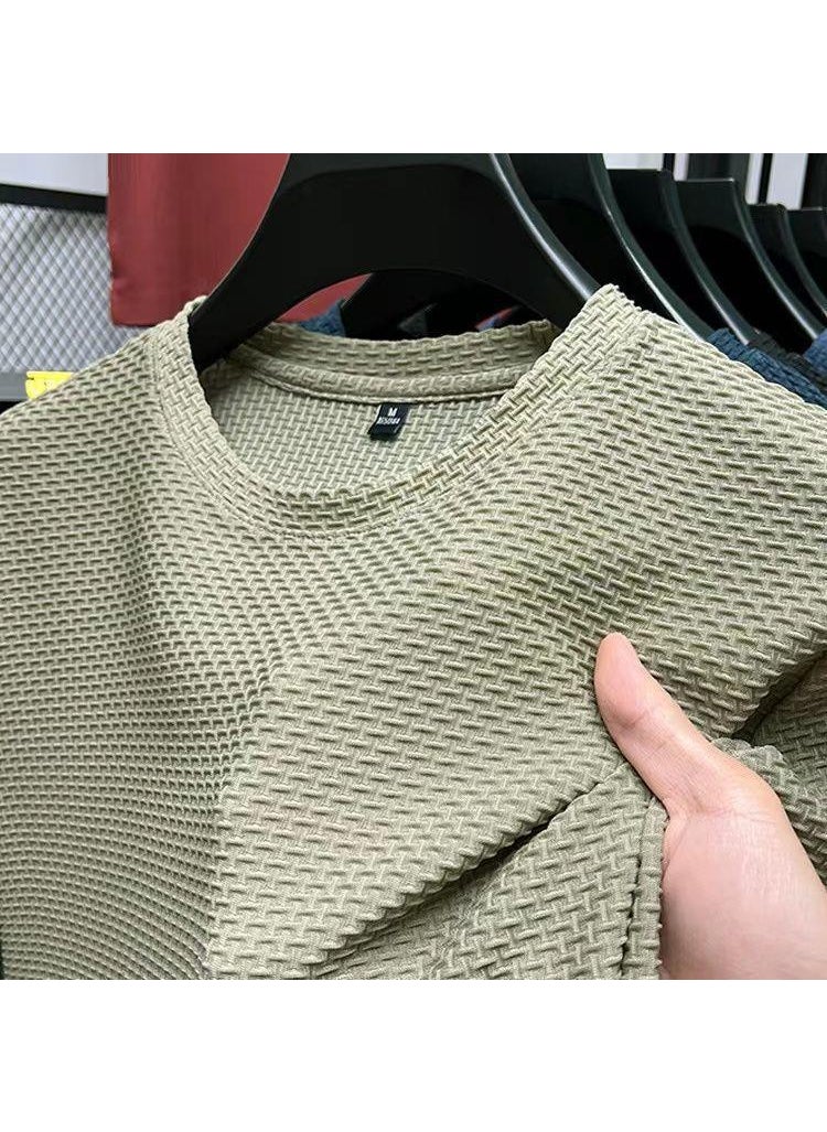 2023 New Stretch Slub Mesh Ice Silk T-shirt Mens Short-sleeved Round Neck Half-sleeved Mens Base Shirt Summer Mens T-shirt Khaki