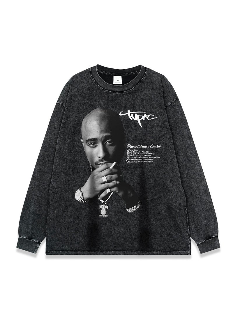 Hip-Hop Print Tee Heavyweight Washed Oversized Black