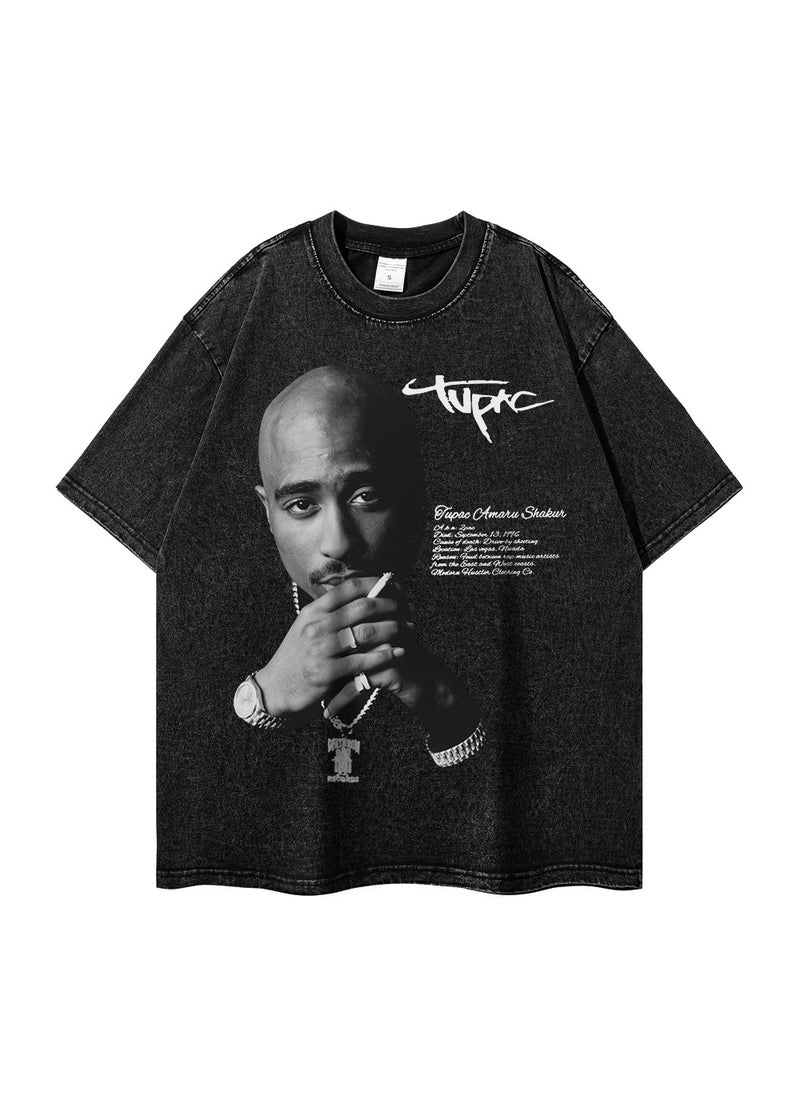 Hip-Hop Print Tee Heavyweight Washed Oversized Black