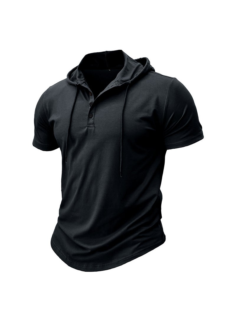 Cross-Border Mens sports fitness mens short-sleeved T-shirt European and American hoodie top foreign trade American Henry shirt wholesale Black