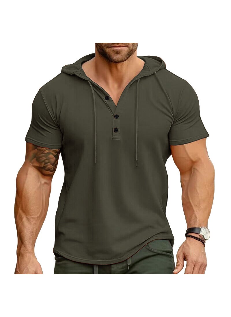 Cross-Border Mens sports fitness mens short-sleeved T-shirt European and American hoodie top foreign trade American Henry shirt wholesale Army Green