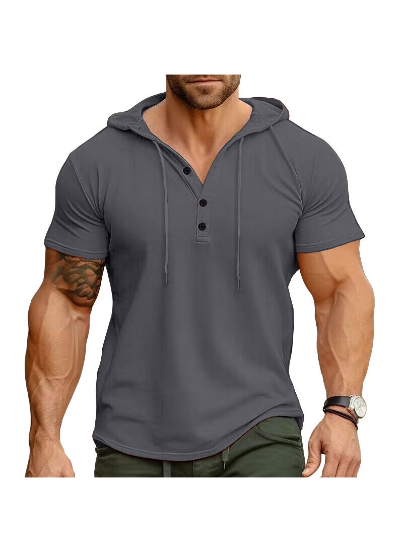 Cross-Border Mens sports fitness mens short-sleeved T-shirt European and American hoodie top foreign trade American Henry shirt wholesale Dark gray