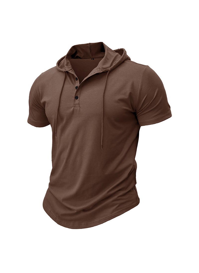 Cross-Border Mens sports fitness mens short-sleeved T-shirt European and American hoodie top foreign trade American Henry shirt wholesale Khaki