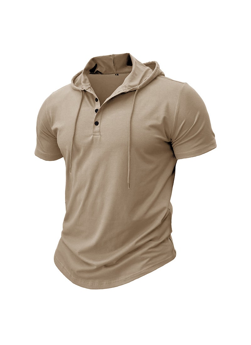 Cross-Border Mens sports fitness mens short-sleeved T-shirt European and American hoodie top foreign trade American Henry shirt wholesale Brown