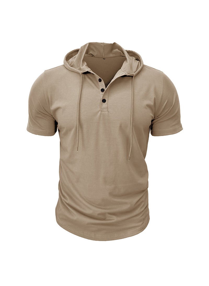 Cross-Border Mens sports fitness mens short-sleeved T-shirt European and American hoodie top foreign trade American Henry shirt wholesale Brown