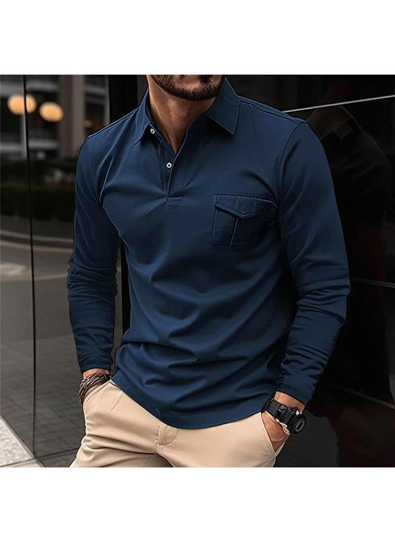 2023 Autumn Winter Mens Long Sleeve Polo Shirt Casual Collar Denim Blue