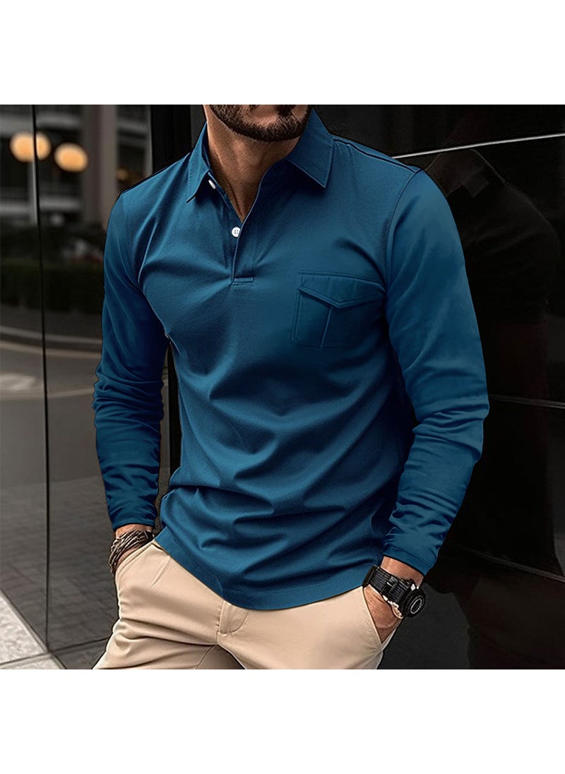 2023 Autumn Winter Mens Long Sleeve Polo Shirt Casual Collar Denim Blue