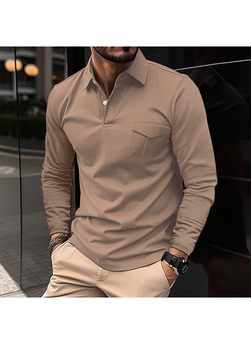 2023 Autumn Winter Mens Long Sleeve Polo Shirt Casual Collar Khaki