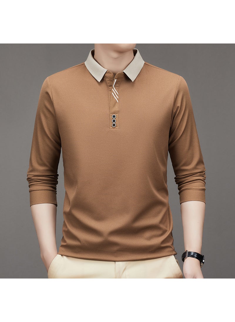 New Mens Long Sleeve Polo Shirt Autumn Solid Business Casual Brown