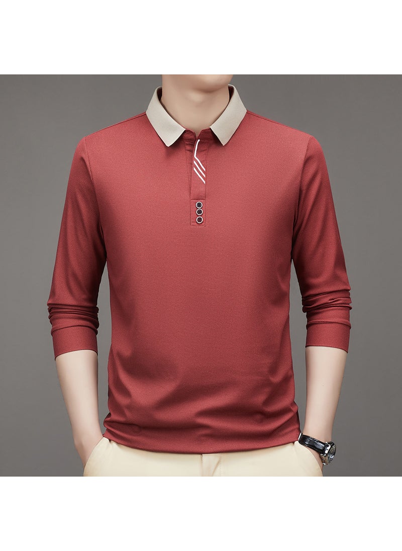 New Mens Long Sleeve Polo Shirt Autumn Solid Business Casual Brown