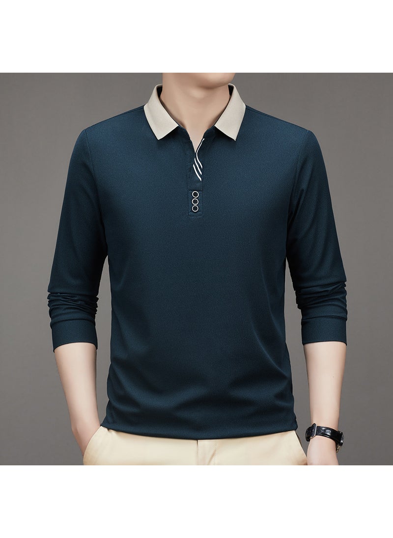 New Mens Long Sleeve Polo Shirt Autumn Solid Business Casual Dark green