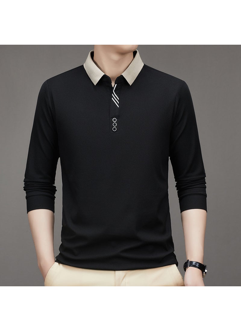 New Mens Long Sleeve Polo Shirt Autumn Solid Business Casual Black