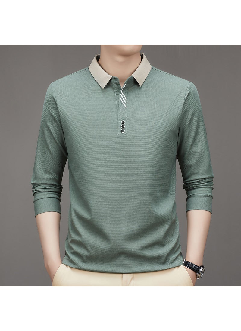 New Mens Long Sleeve Polo Shirt Autumn Solid Business Casual Bean Green