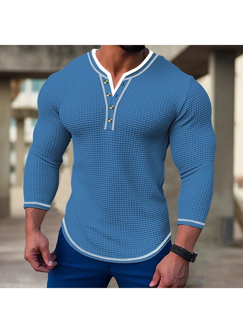 2023 Independent station Foreign Trade mens waffle Henry collar button T-shirt top vacation long sleeve casual fashion Men Sky Blue