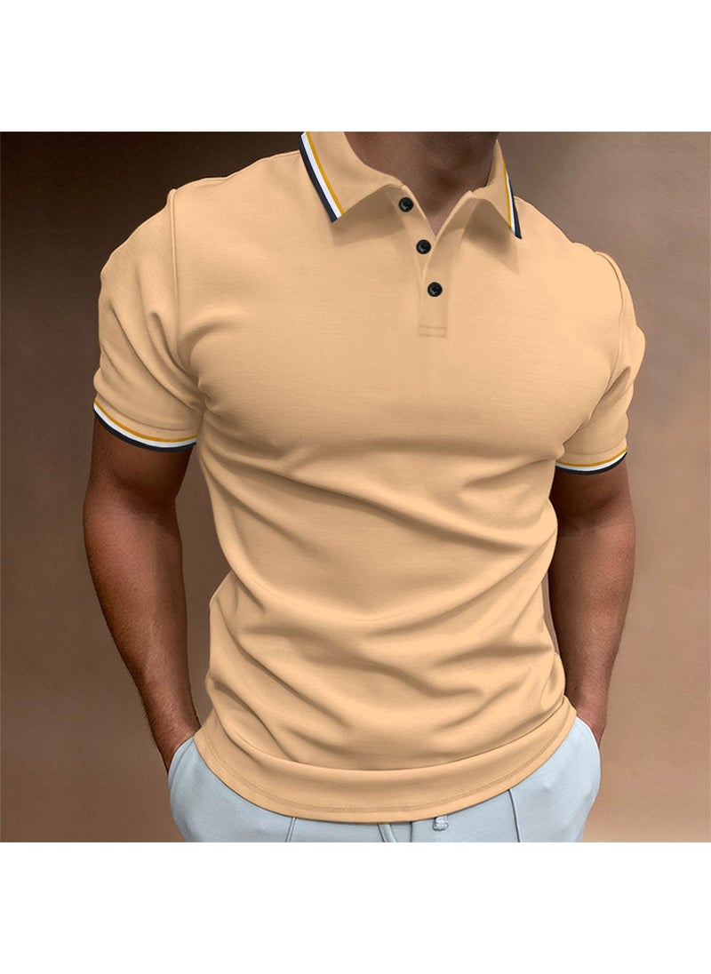 New Slim Fit Mens Polo Ribbed Striped Collar Button Tee Light yellow