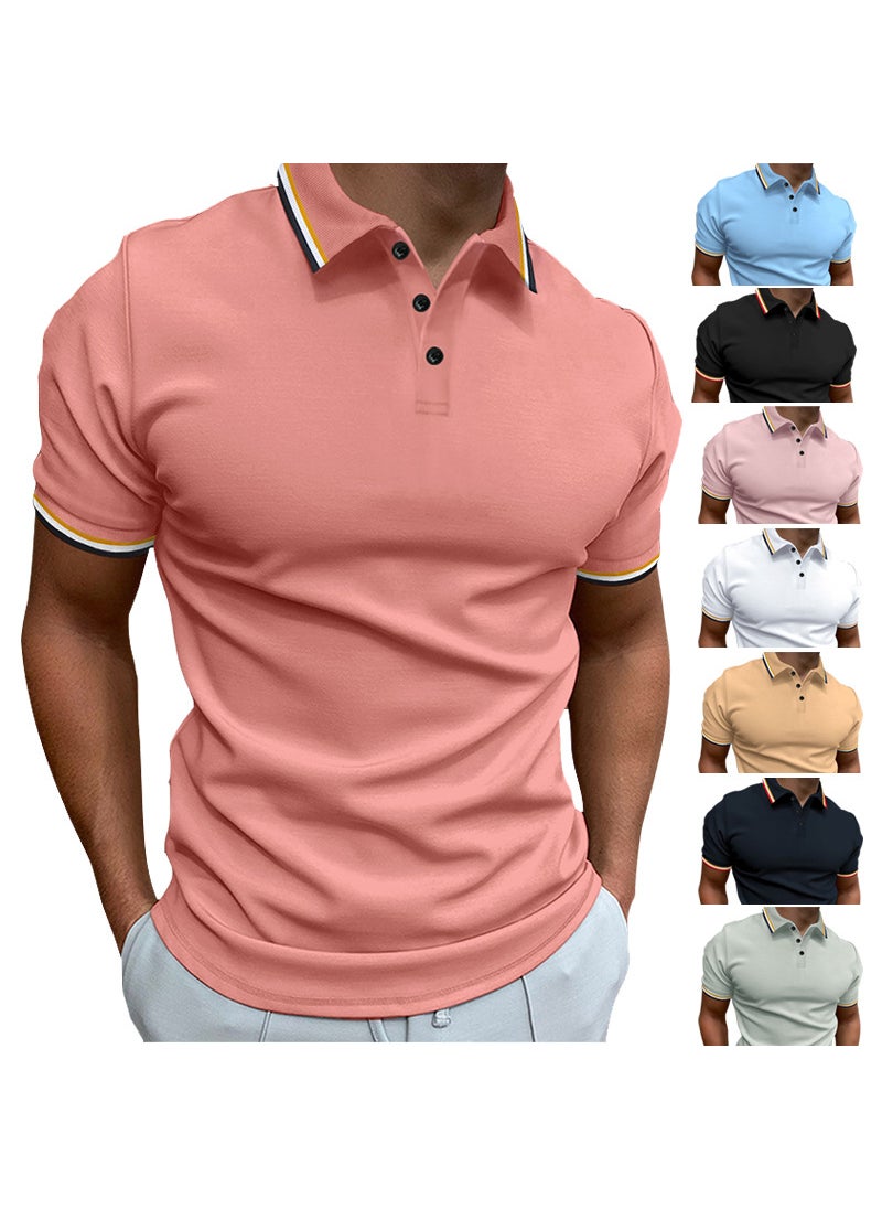 New Slim Fit Mens Polo Ribbed Striped Collar Button Tee Light yellow