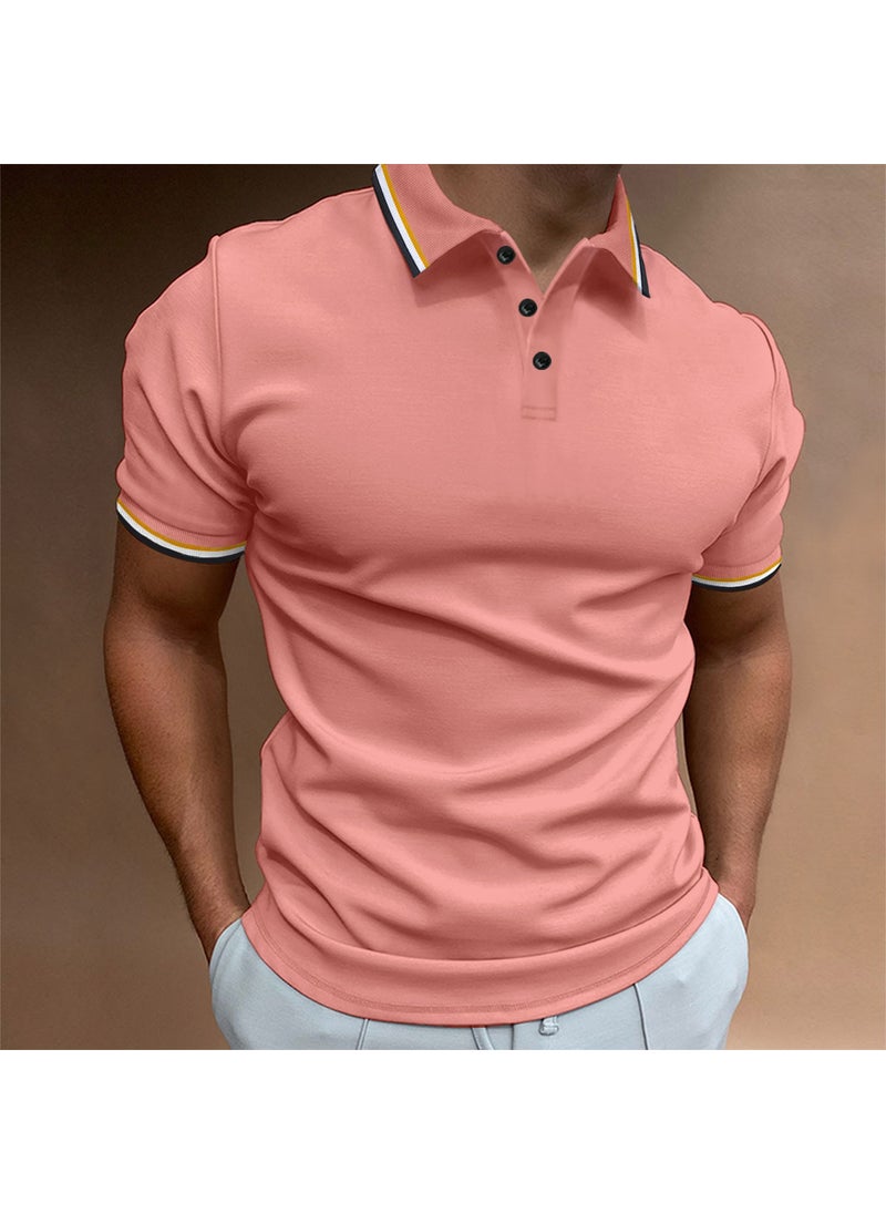 New Slim Fit Mens Polo Ribbed Striped Collar Button Tee Pink