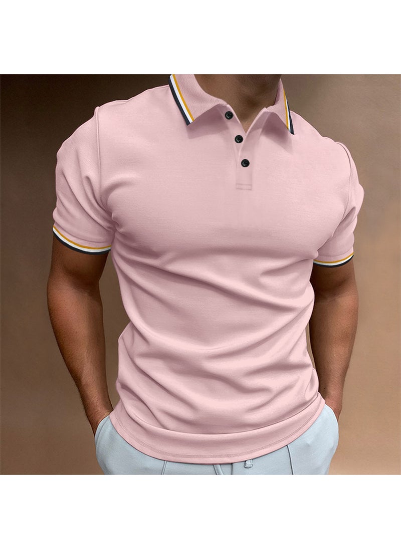 New Slim Fit Mens Polo Ribbed Striped Collar Button Tee Pink