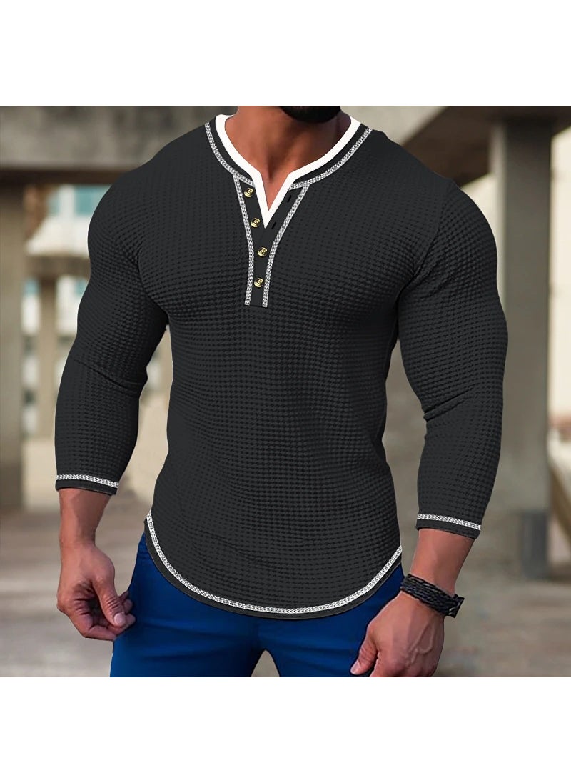 2023 Independent station Foreign Trade mens waffle Henry collar button T-shirt top vacation long sleeve casual fashion Men Black