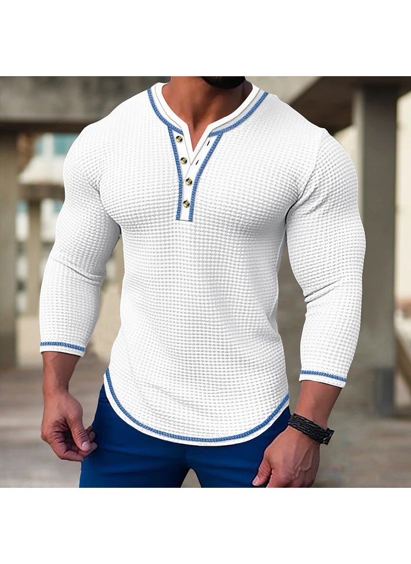 2023 Independent station Foreign Trade mens waffle Henry collar button T-shirt top vacation long sleeve casual fashion Men Black