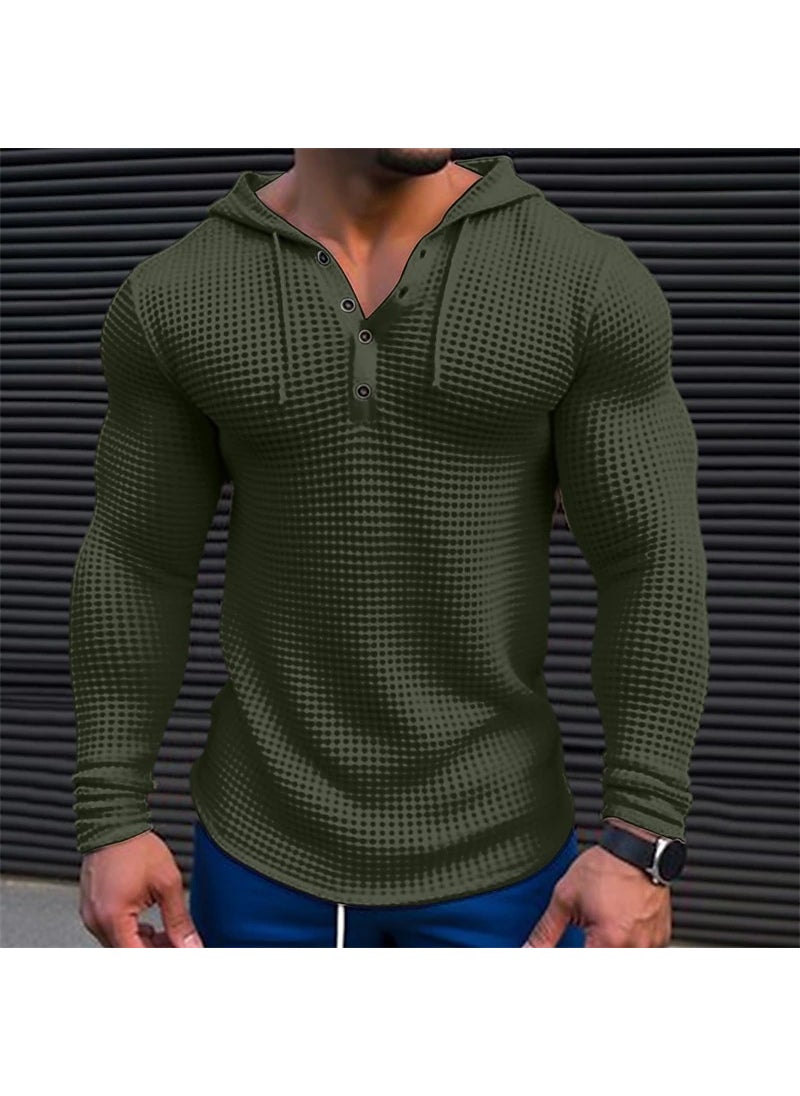 2024 new independent station Foreign Trade mens waffle button hoodie T-shirt top vacation long sleeve casual fashion Army Green