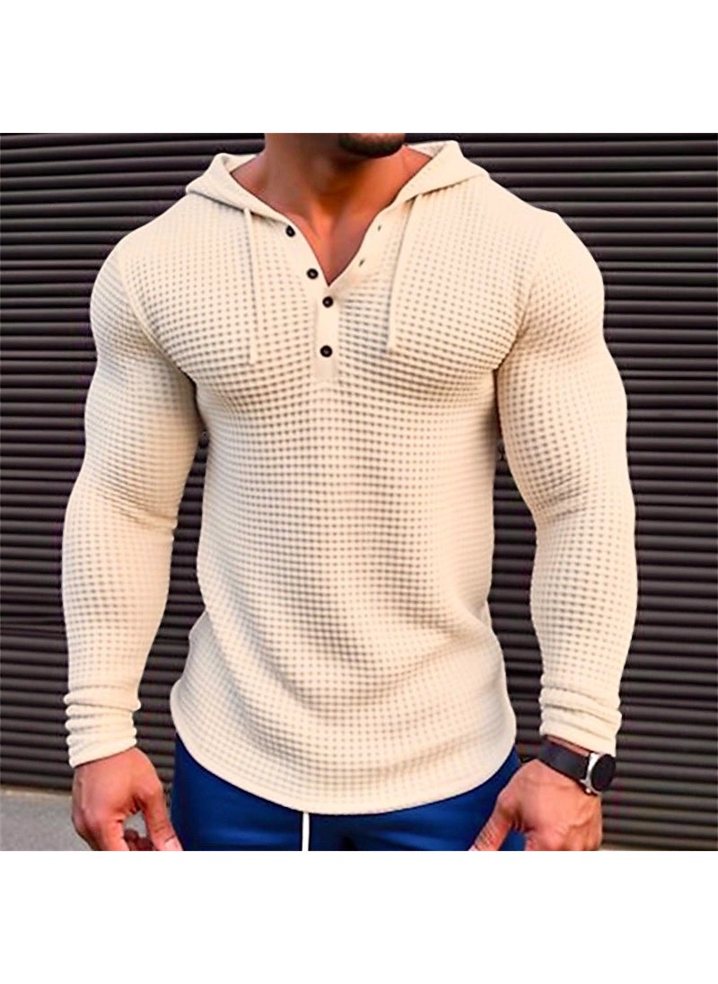 2024 new independent station Foreign Trade mens waffle button hoodie T-shirt top vacation long sleeve casual fashion Army Green