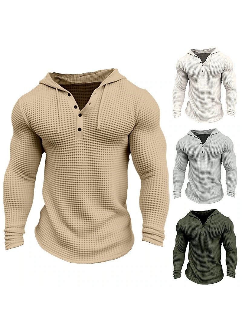 2024 new independent station Foreign Trade mens waffle button hoodie T-shirt top vacation long sleeve casual fashion Army Green