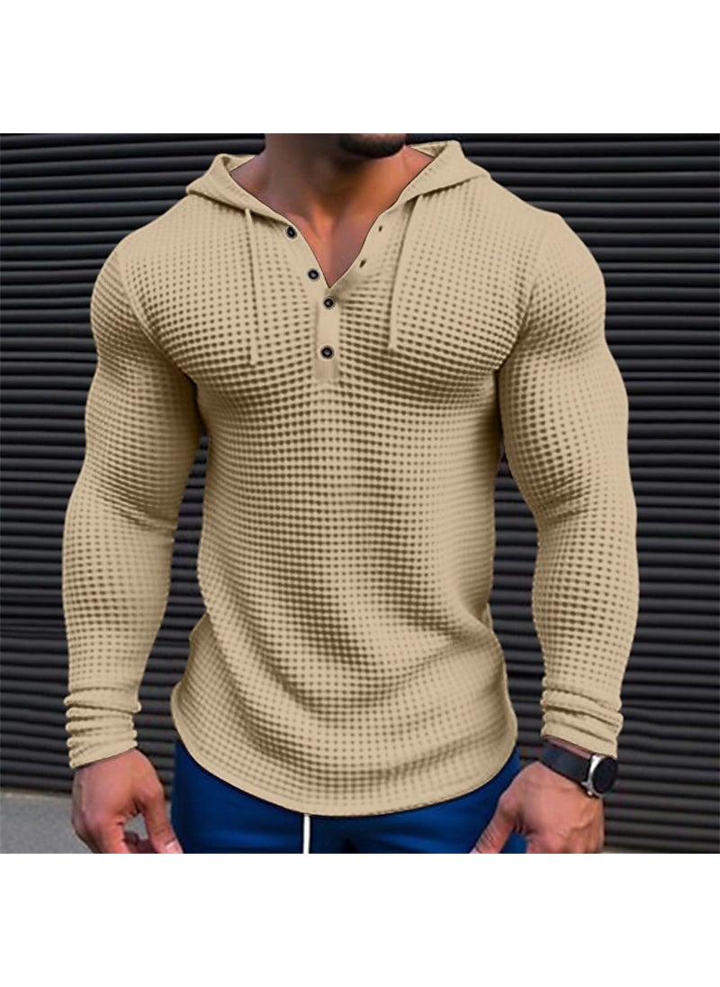 2024 new independent station Foreign Trade mens waffle button hoodie T-shirt top vacation long sleeve casual fashion Army Green