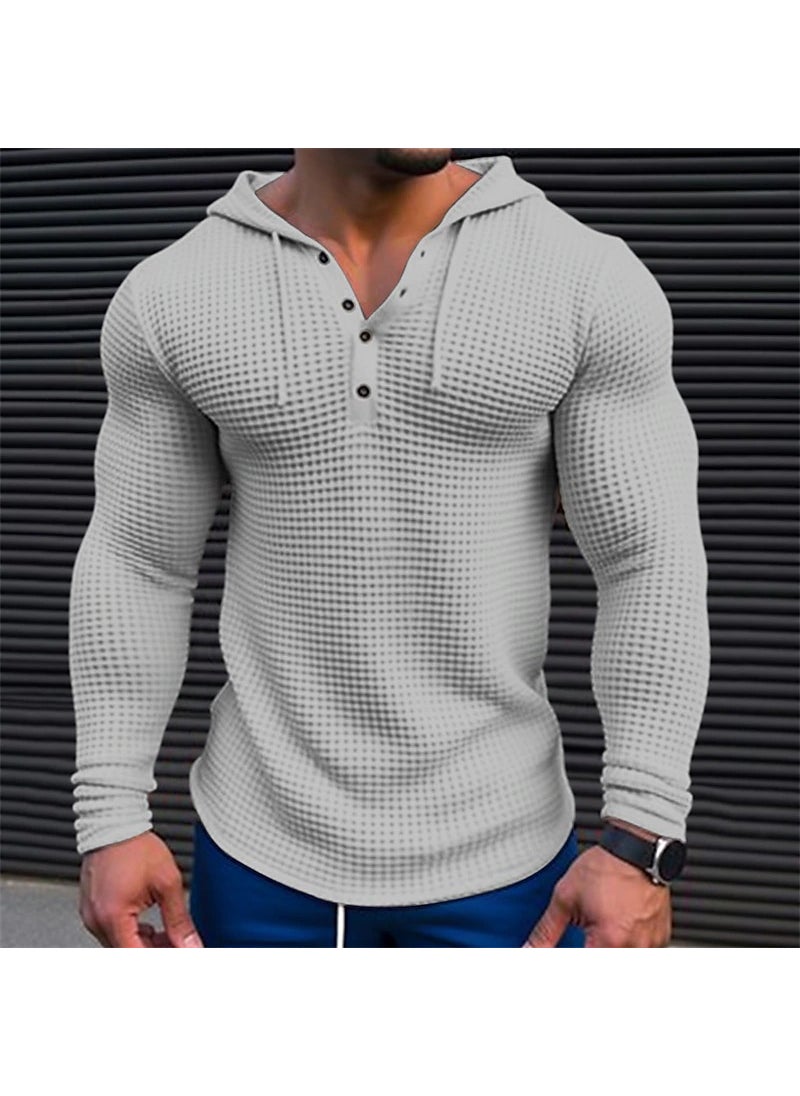 2024 new independent station Foreign Trade mens waffle button hoodie T-shirt top vacation long sleeve casual fashion Khaki