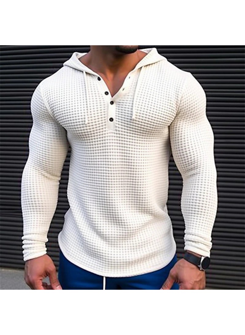 2024 new independent station Foreign Trade mens waffle button hoodie T-shirt top vacation long sleeve casual fashion Khaki