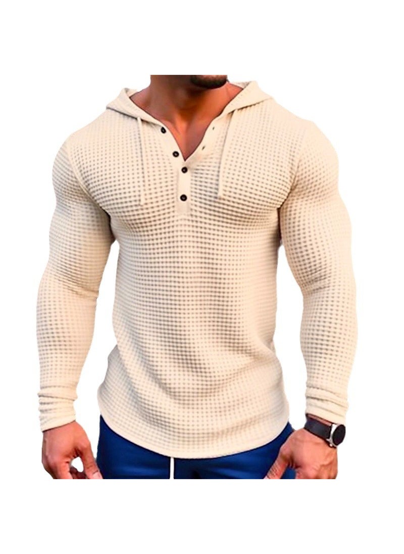 2024 new independent station Foreign Trade mens waffle button hoodie T-shirt top vacation long sleeve casual fashion Light khaki